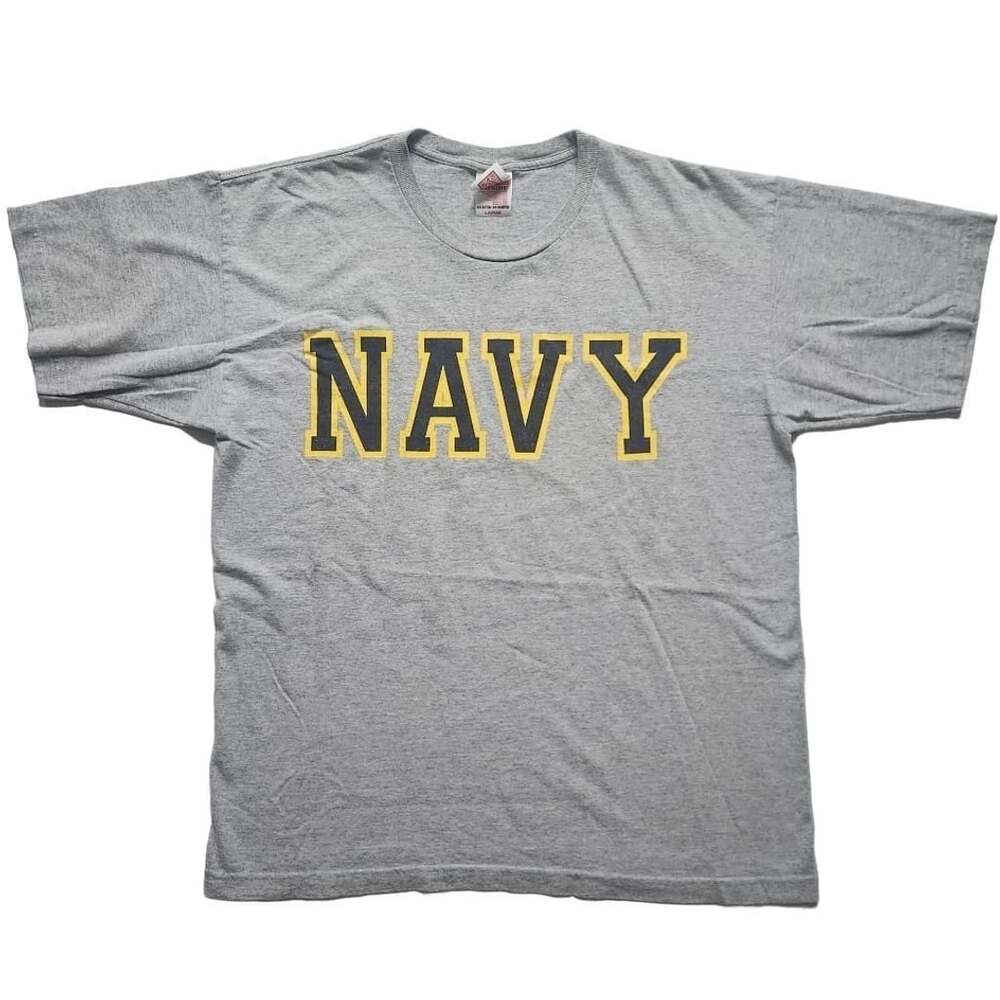 Bayside Made in USA NAVY Block Letters Grey T-Shirt Large